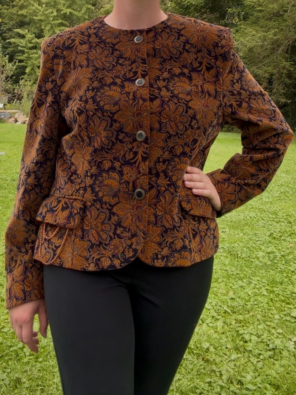 Women's Floral Jacquard Button-Front Blazer in Rust and Black